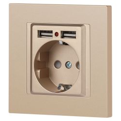 Розетка Intro Accent 6-410-04 с заземлением 2P+E Schuko со шторками 16А-250В + 2хUSB IP20 СУ шампань