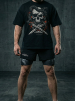 Футболка оверсайз хлопковая черная LEGENDA Весёлый Роджер (красный фон)