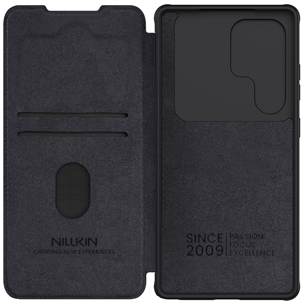 Кожаный чехол книжка черного цвета от Nillkin для Samsung Galaxy S25 Ultra, серия Qin Pro Leather с сдвижной защитной шторкой для камеры