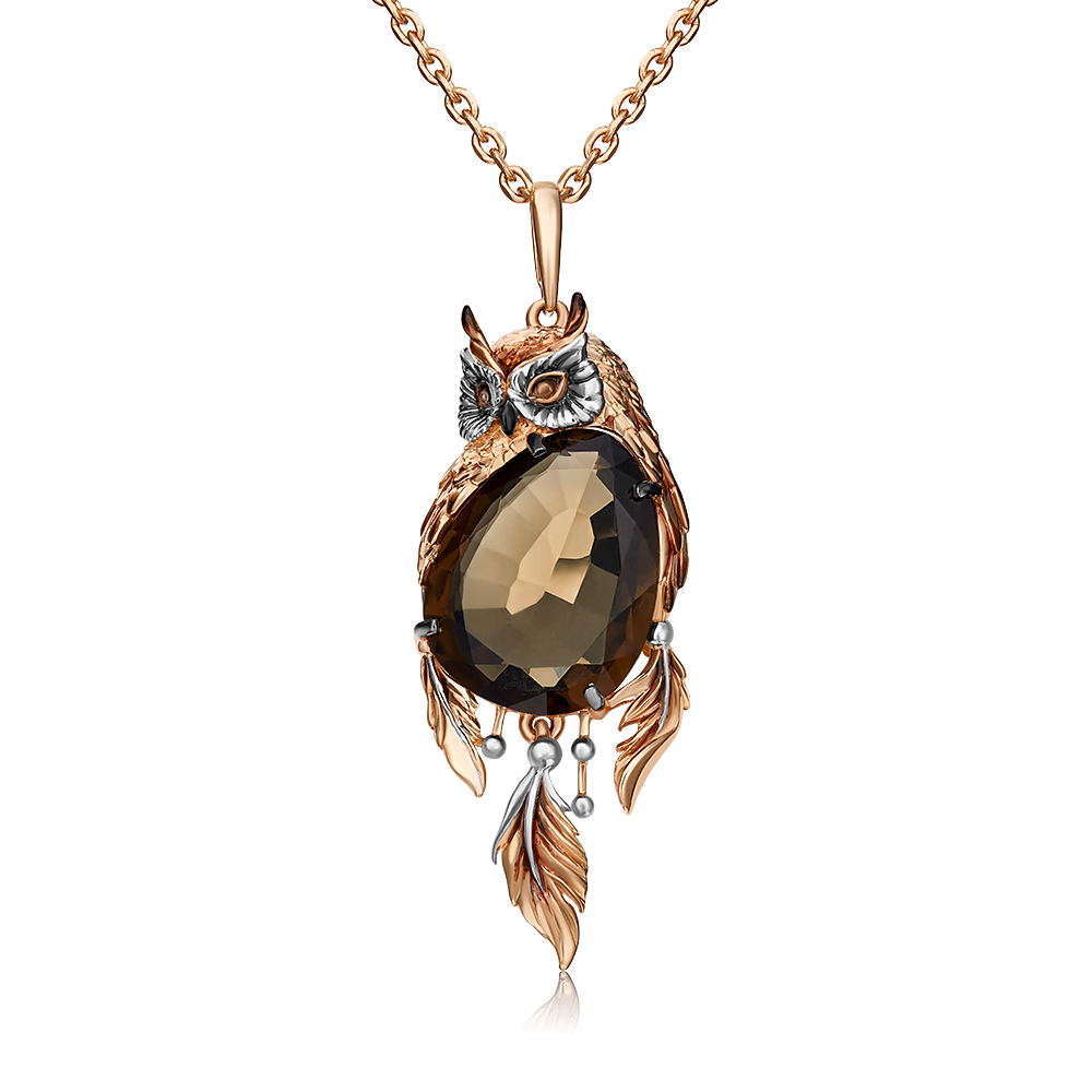 Подвеска «Сова» из красного золота с кварцем дымчатым и эмалью