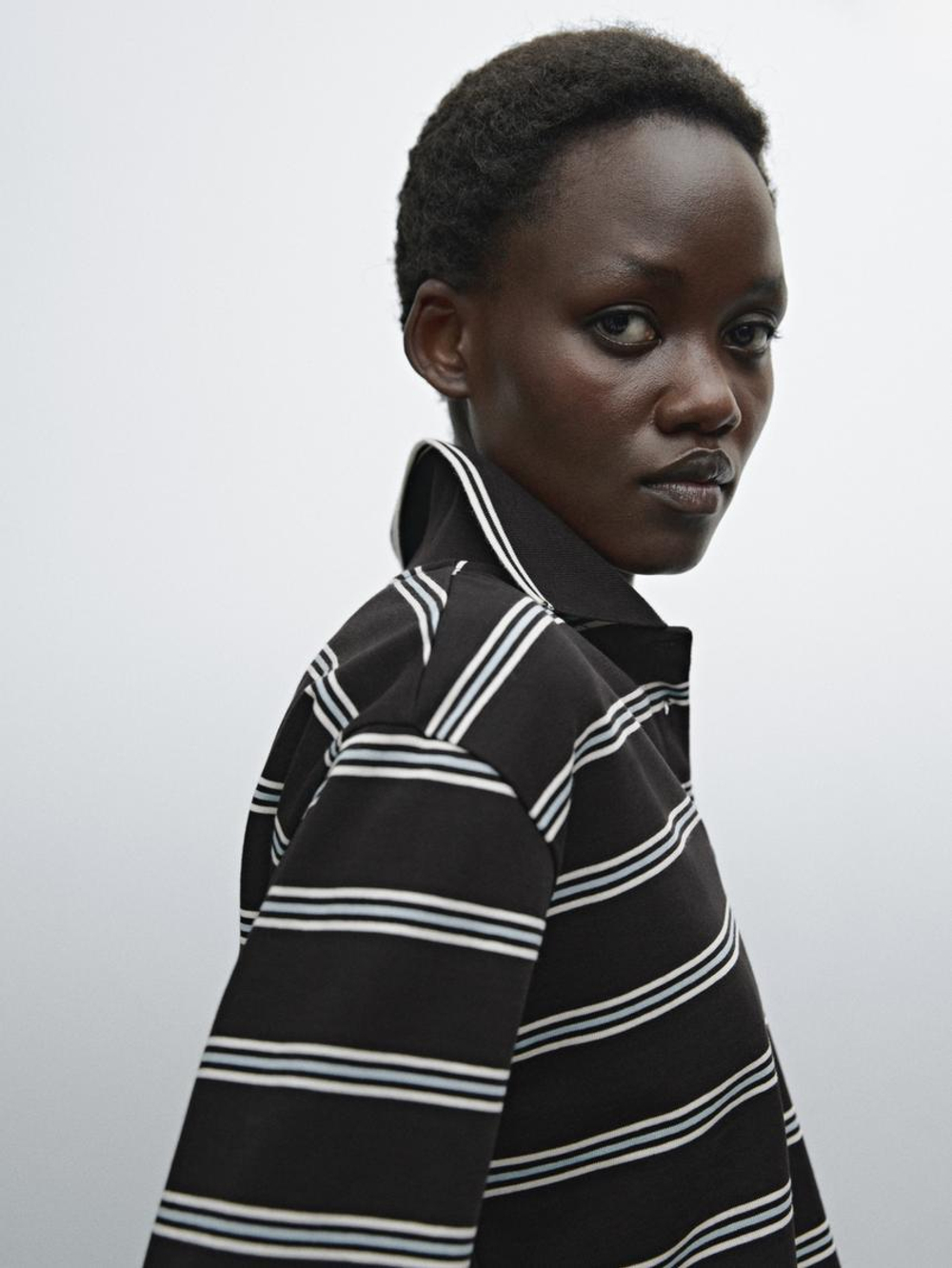 Massimo Dutti Свитер поло из хлопка в полоску, коричневый