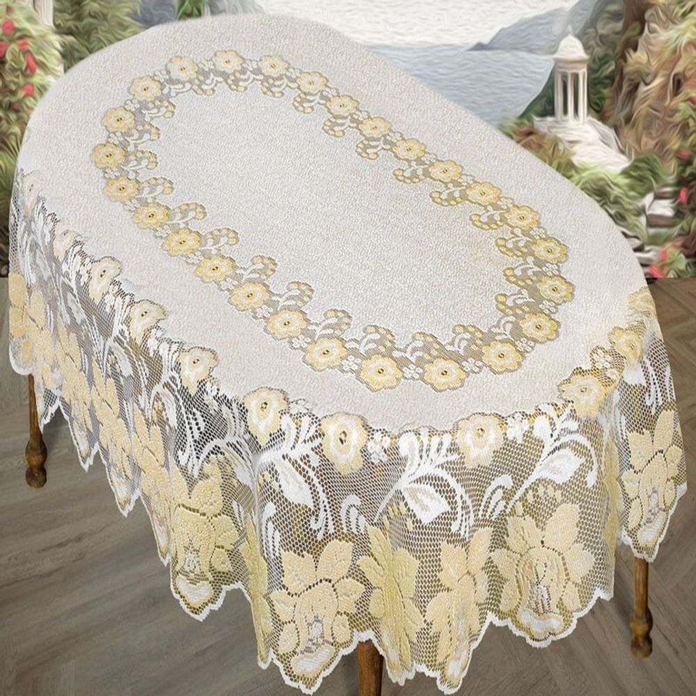 Скатерть жаккардовая овальная, 150*220 см, цвет кремово-золотистый, Польша.