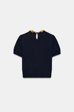 ZARA ТРИКОТАЖНЫЙ ТОП С БУСИНАМИ, СИНИЙ