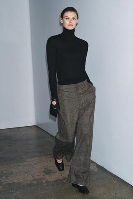 ZARA БРЮКИ BALLOON В КЛЕТКУ С ШЕРСТЬЮ ZW COLLECTION, КОРИЧНЕВЫЙ МЕЛАНЖ