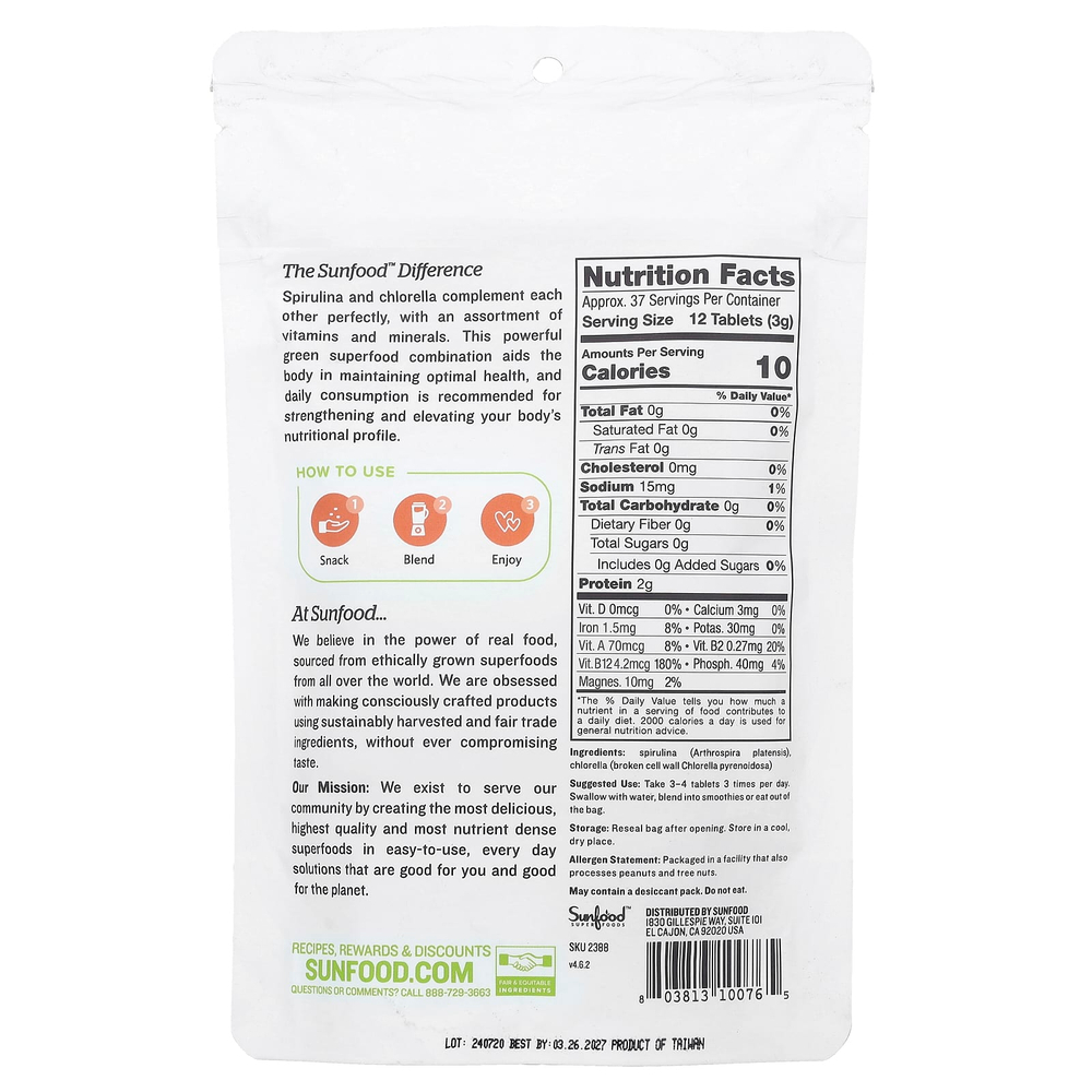 Sunfood, Таблетки из суперводорослей, спирулина и хлорелла, 250 мг, прибл. 456 таблеток