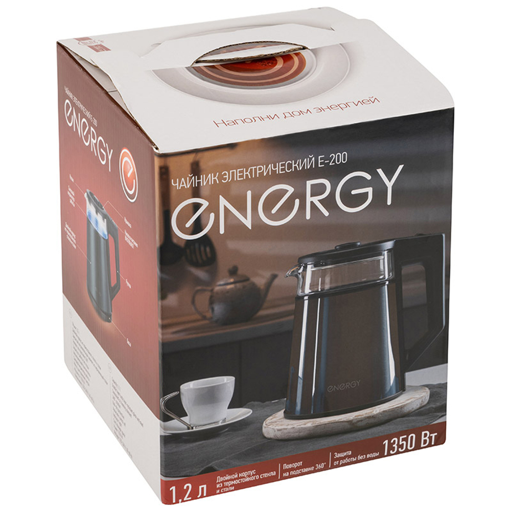 Чайник электрический 1,2л ENERGY E-200 стекло, серый, двойной корпус