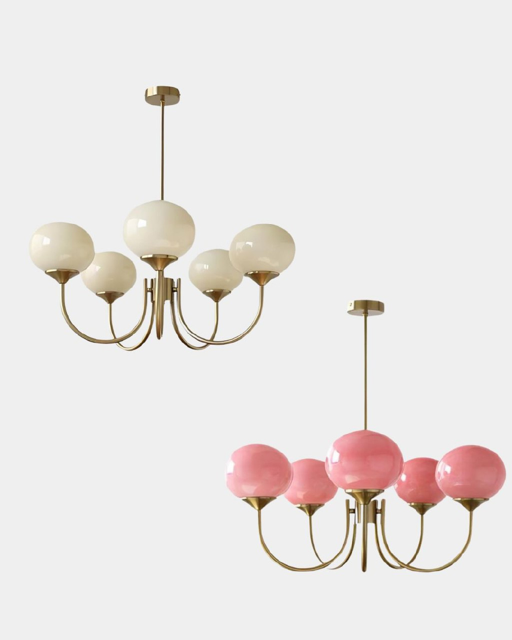 Элегантная люстра с глянцевыми розовыми плафонами и изящным золотым каркасом.