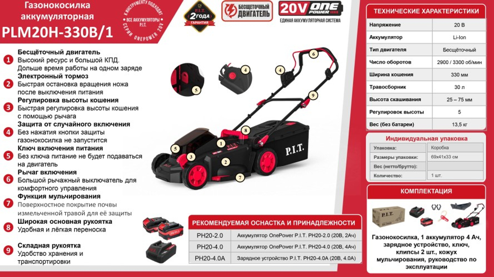 Газонокосилка аккумуляторная P.I.T. PLM20H-330B/1