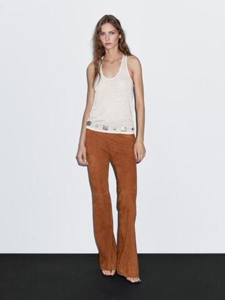 Massimo Dutti Расклешенные замшевые брюки, светло-коричневый