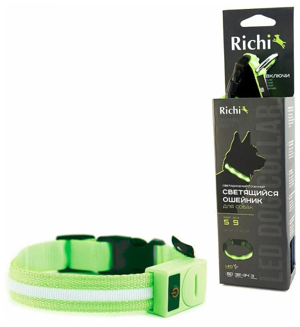 Ошейник для собак Richi Светящийся, размер S, зеленый со светящийся лентой 3 режима 32-34 см