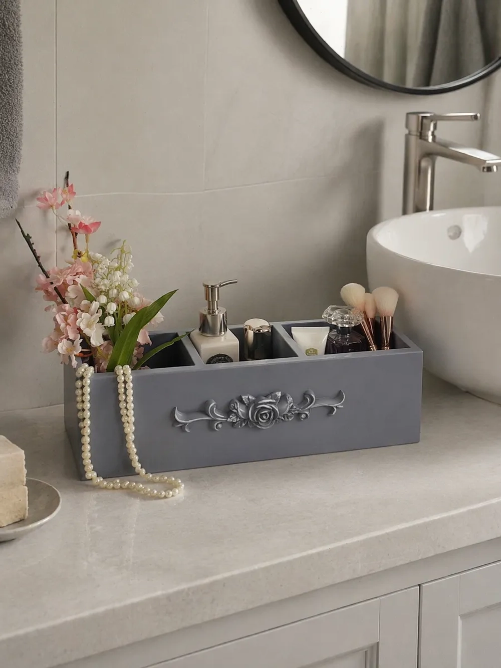 Серый деревянный органайзер 33×10×10 см с 3 отделениями