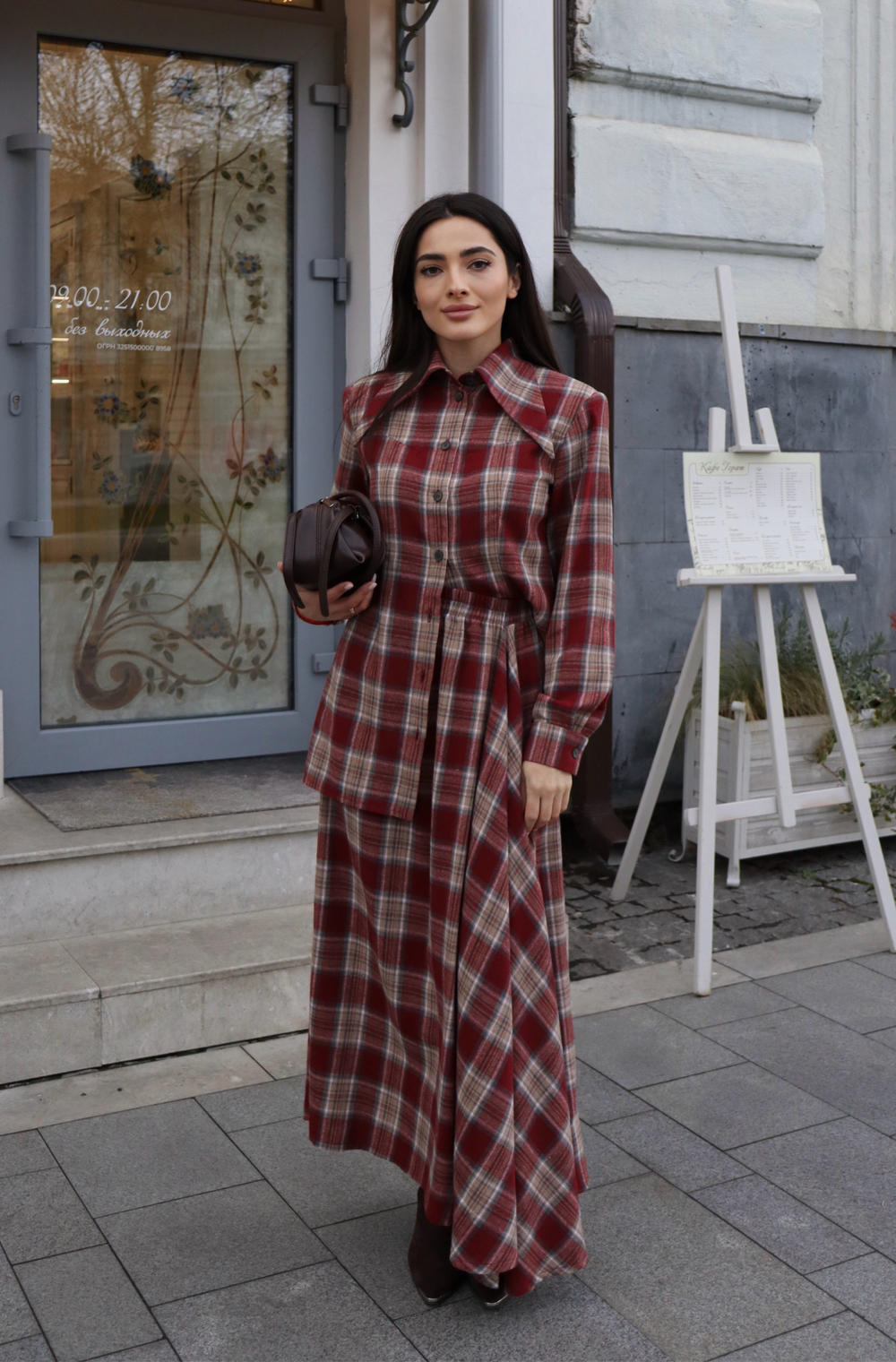 Рубашка с острым воротником в клетку из шерсти