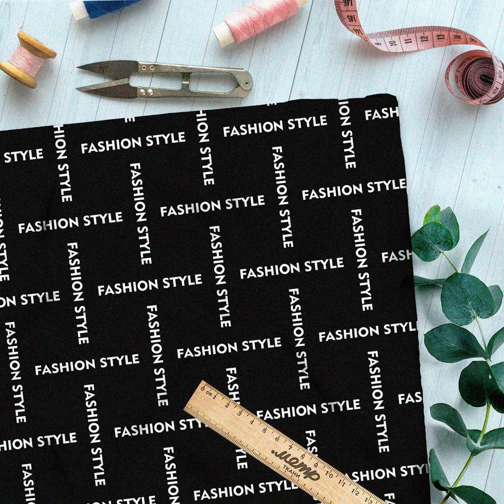 Ткань таффета стильная клетка из белых надписей на чёрном фоне