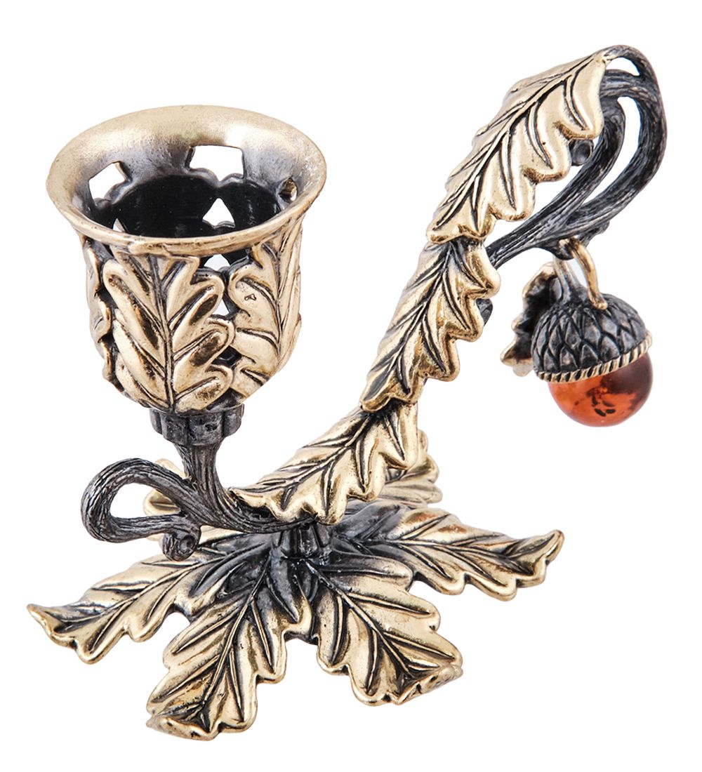 Народные промыслы AM-3986 Подсвечник «Дубовая веточка» (латунь, янтарь)