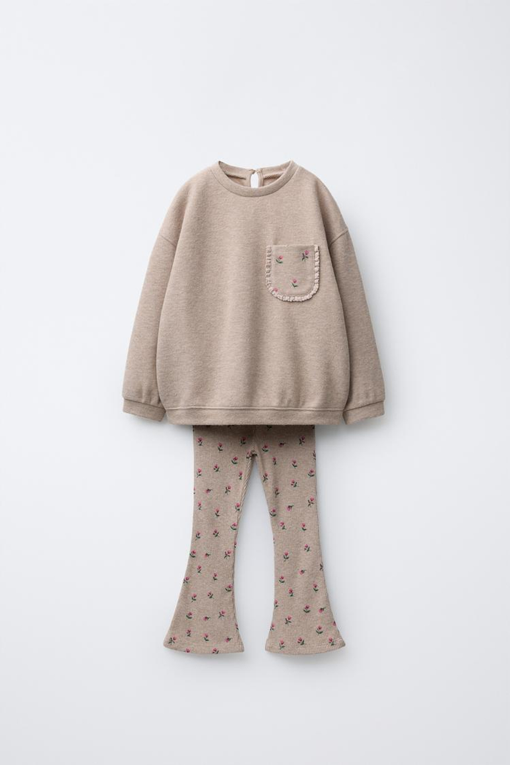 ZARA КОМПЛЕКТ ИЗ ФУТБОЛКИ И РАСКЛЕШЕННЫХ ЛЕГИНСОВ ИЗ МЯГКОЙ ТКАНИ, ПЕСОЧНЫЙ МЕЛАНЖ