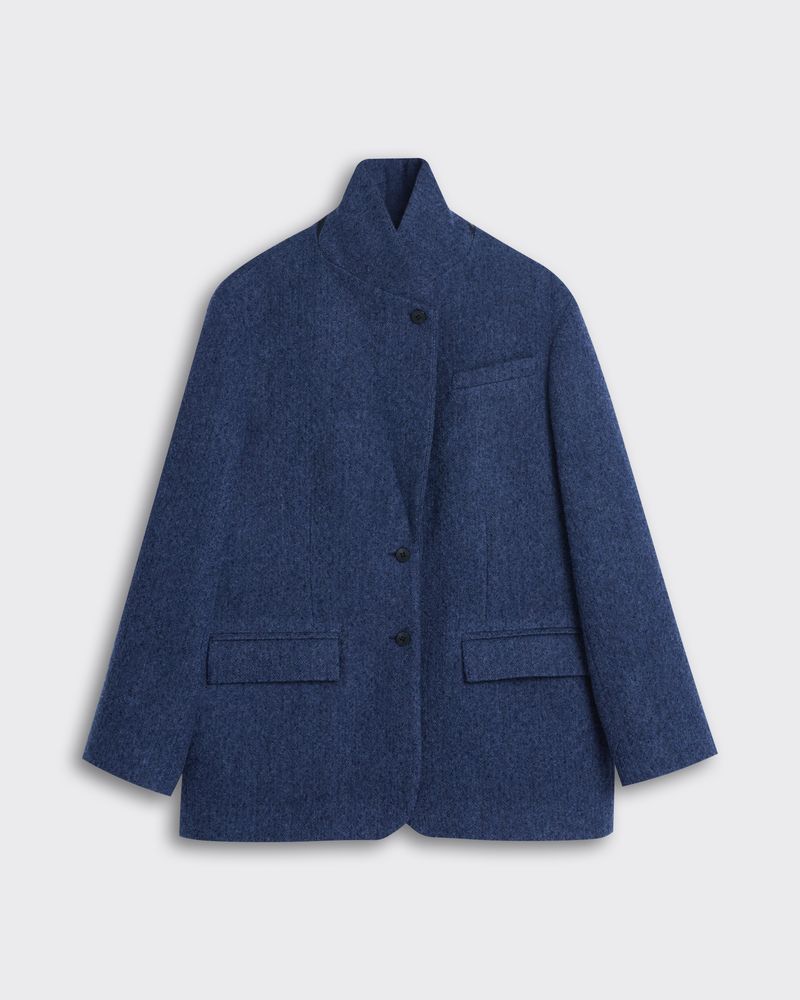 Пальто-жакет из шерсти елочка темно-синий