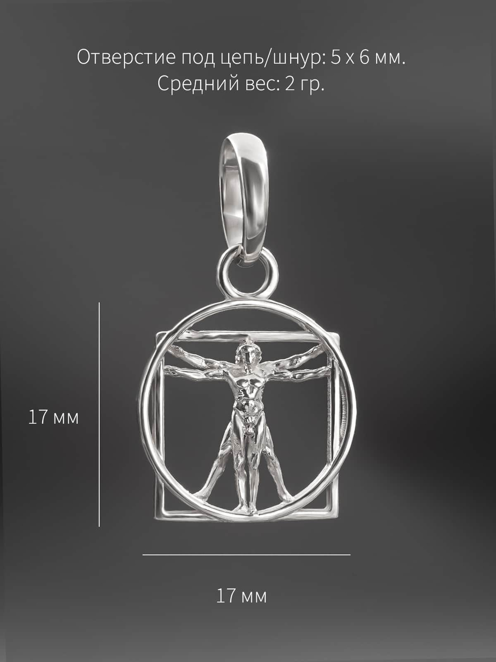 Фотография с размерами кулона Витрувианский человек серебро 925