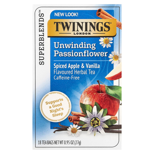 Twinings, Успокаивающий травяной чай, страстоцвет и ромашка, пряное яблоко и ваниль, без кофеина, 18 пакетиков по 0,95 унц. (27 г)