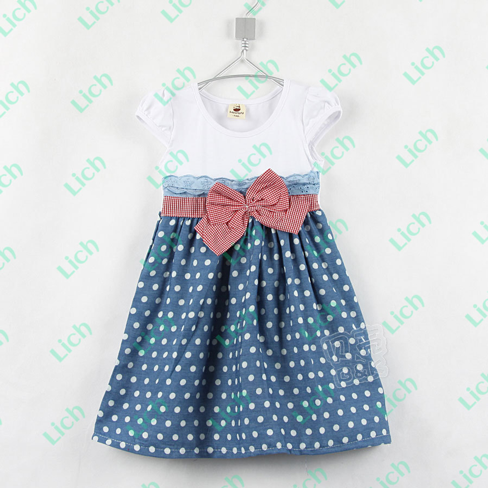 Платье детское с завышенной талией, бантом и юбкой в горох