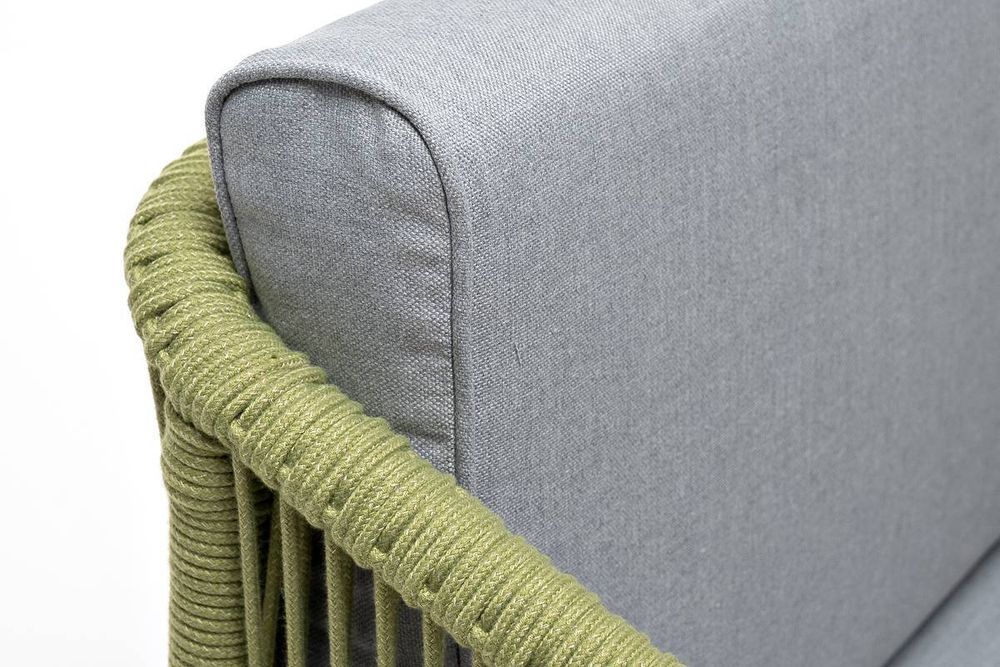 "Канны" кресло плетеное из роупа, каркас алюминий светло-серый (RAL7035) муар, роуп салатовый меланж круглый, ткань светло-серая