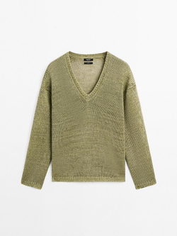 Massimo Dutti Свитер из 100% льна ажурной вязки, фисташковый