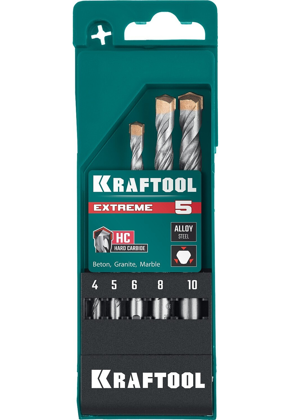 KRAFTOOL Extreme, 5 шт: 4-5-6-8-10 мм, трехгранный хвостовик, набор сверл по бетону (29166-H5)