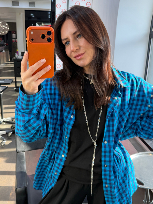 Рубашка трансформер в клетку сине-голубая