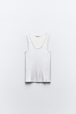 ZARA ТОП В РУБЧИК С МЕТАЛЛИЗИРОВАННОЙ ОТДЕЛКОЙ, СЕРЕБРИСТЫЙ