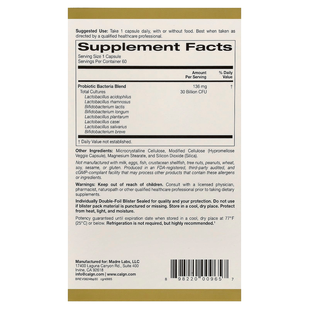 California Gold Nutrition, LactoBif® 30, пробиотики, 30 млрд КОЕ, 60 растительных капсул