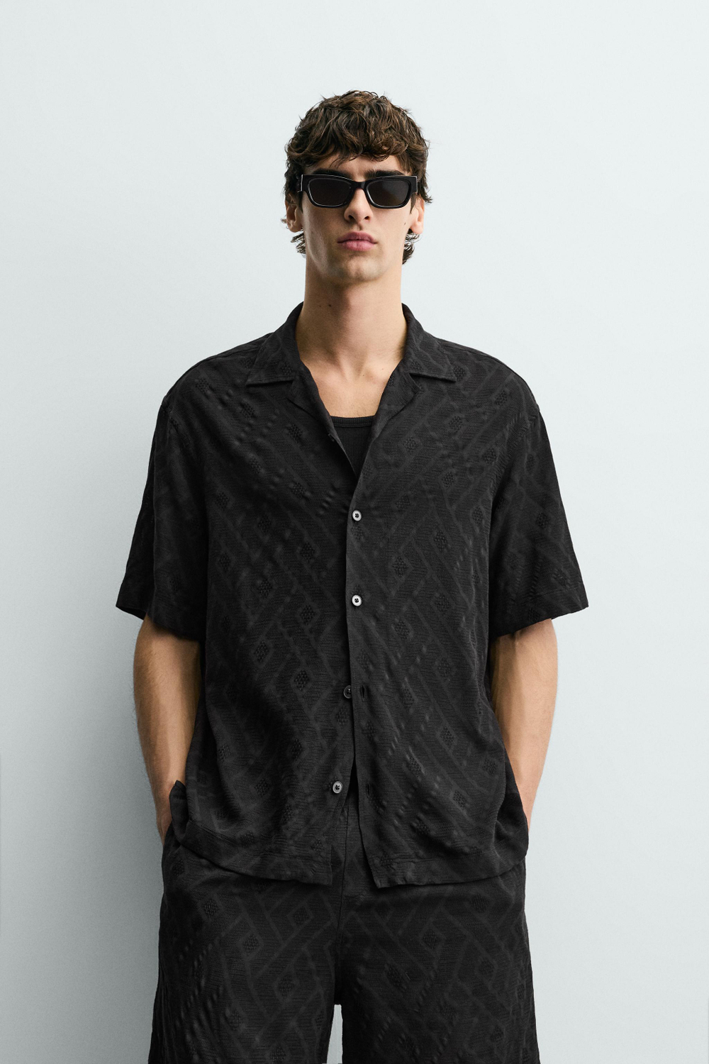 ZARА РУБАШКА JACQUARD С ГЕОМЕТРИЧЕСКИМ УЗОРОМ, ЧЕРНЫЙ