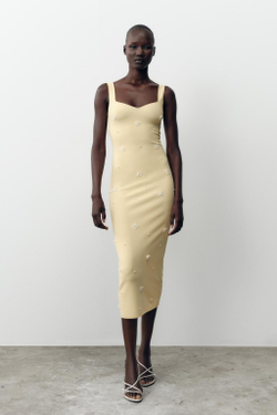 ZARA ЭЛАСТИЧНОЕ ПЛАТЬЕ С ЦВЕТАМИ, ЖЕЛТЫЙ