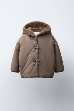 ZARA НЕПРОМОКАЕМОЕ СТЕГАНОЕ ПАЛЬТО С БАНТАМИ, СЕРОВАТО-КОРИЧНЕВЫЙ