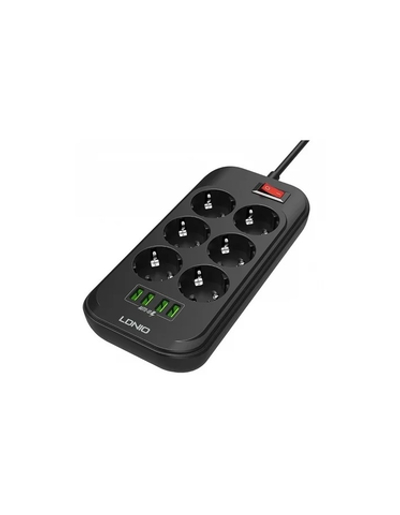 Perfeo LD_B4436  LDNIO SE6403/ Сетевой удлинитель 2м + ЗУ на 4 USB/ 6 розеток (медь) - 2500W/ USB - 17W/ Black&Gray