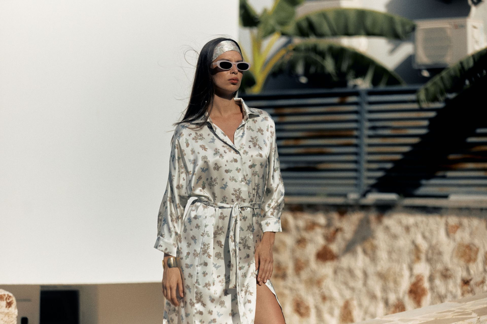 Шелковое платье Mollen Подсолнухи жемчужно-белое