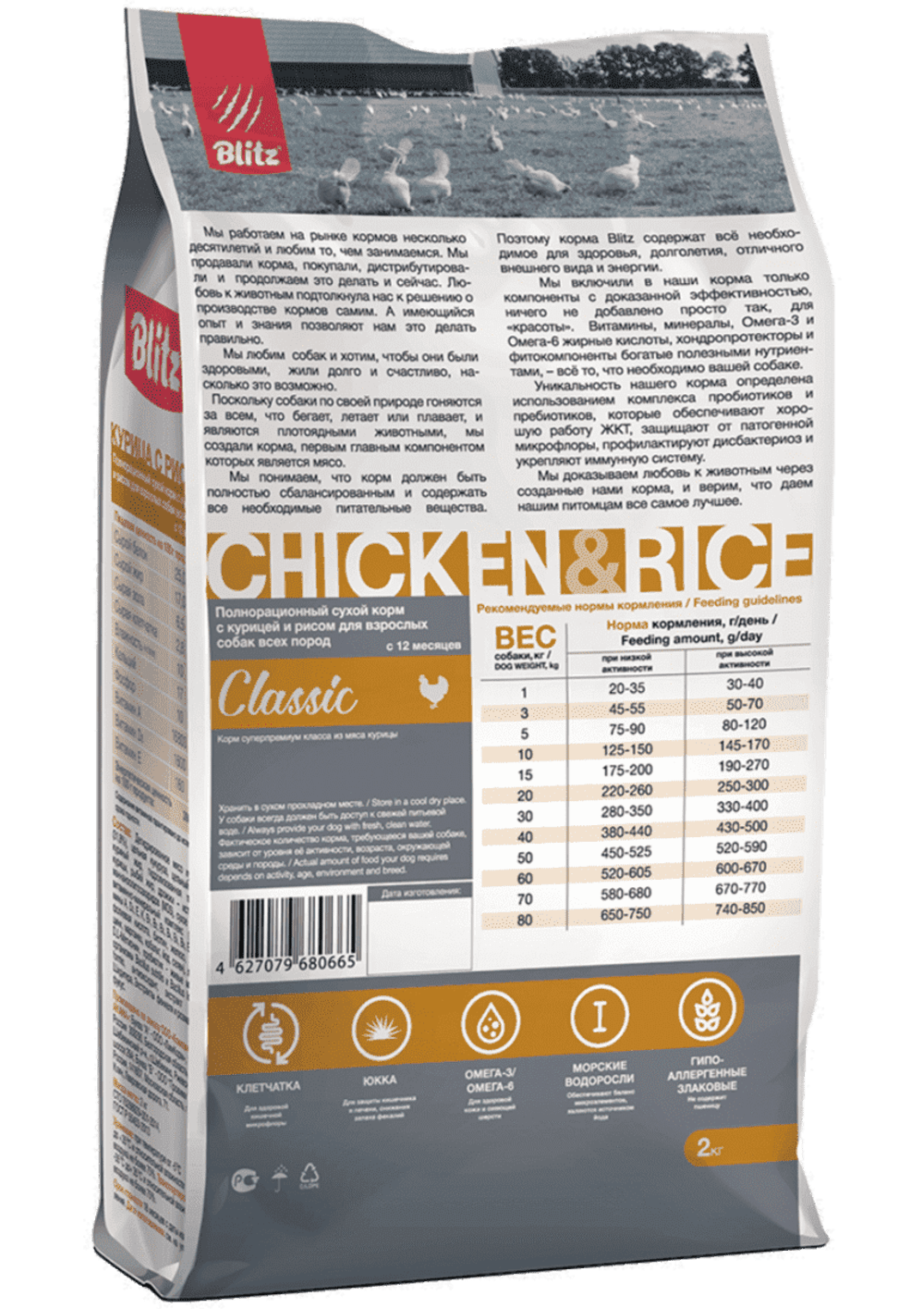 Сухой корм для собак BLITZ ADULT CHICKEN & RICE/корм для взрослых собак всех пород курица и рис, 15 кг