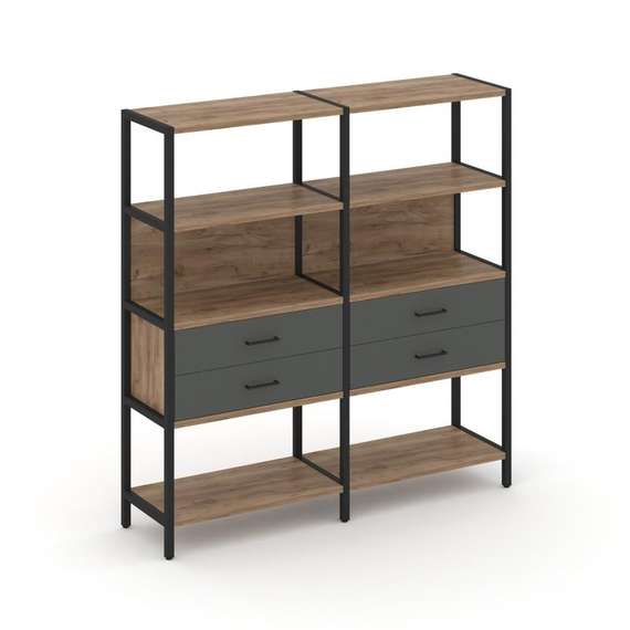 Shelf System Двухсекционный стеллаж четырехярусный с ящиками SN.STM-422 Дуб Табак/Антрацит/Металл Че