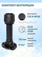 Комплект вентиляции: Вентиляционный выход изолированный D125/160/700 утепленный, проходной элемент PROF-20 для металлопрофиля кровельного профнастила МП20 иС20, колпак вентиляционный TP D 160 мм, серый