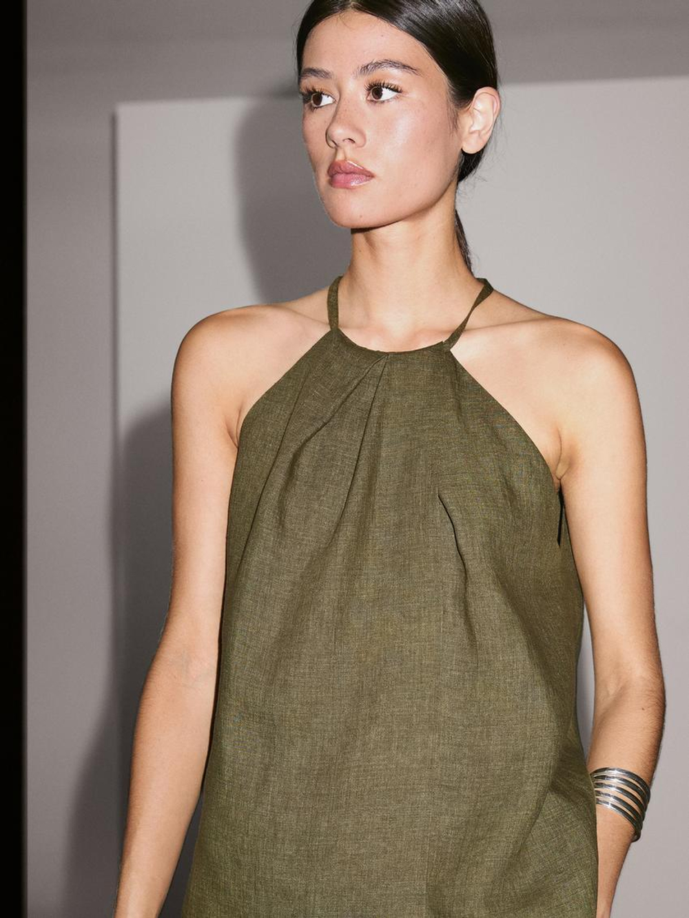 Massimo Dutti Топ внахлест из 100% льна с горловиной халтер, зеленый