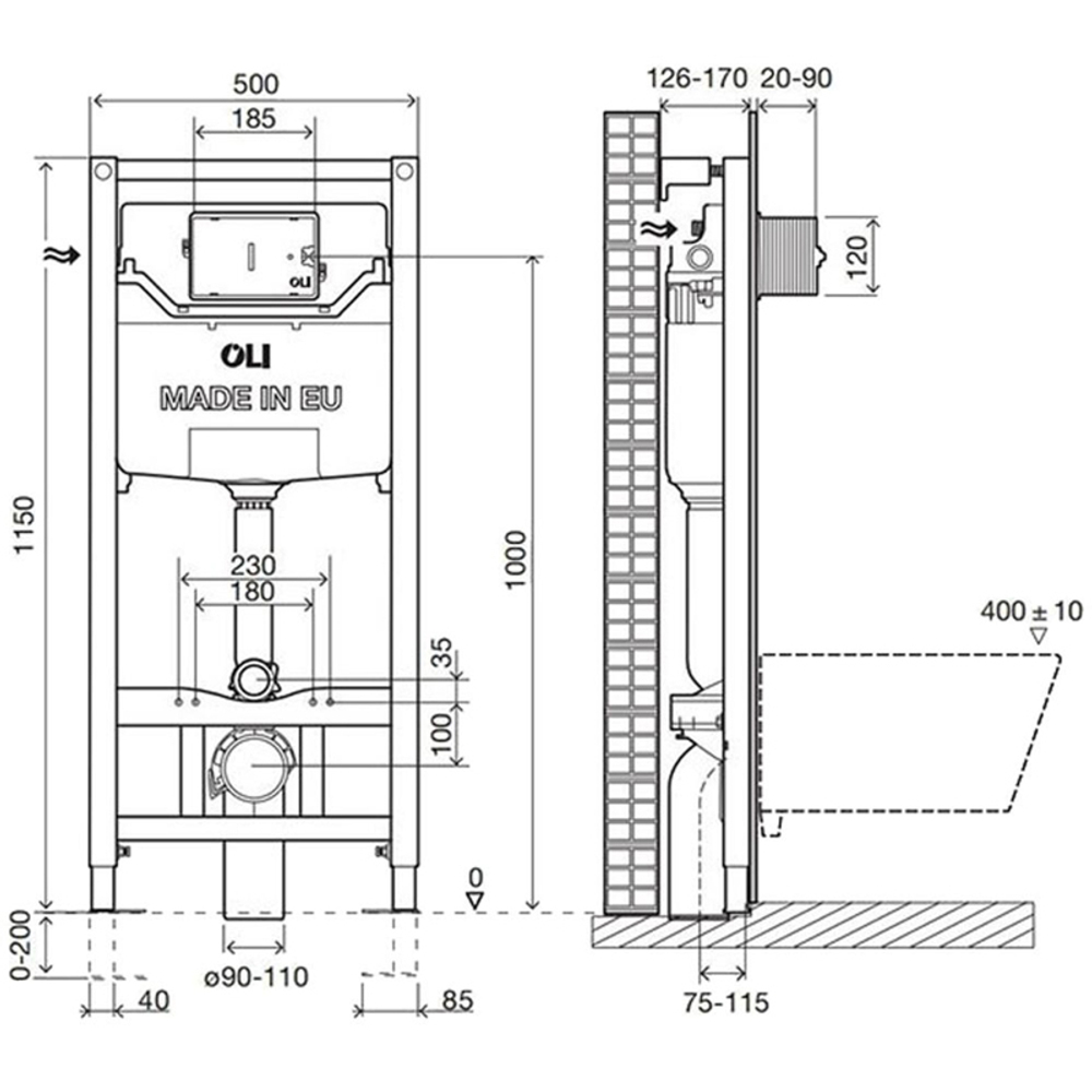 Инсталляция для подвесного унитаза  OLI 120 ECO Sanitarblock pneumatic (Пневматическая, метал. крепления) 879235 схема