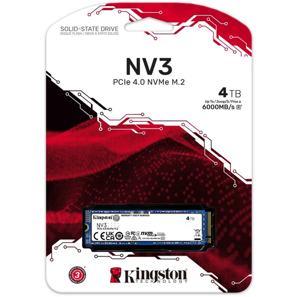 Жесткий диск SSD M.2 4Tb Kingston NV3, 6000/5000MBs, TLC 3D NAND, 2280, PCI-E 4.0 x4 (SNV3S/4000G)
