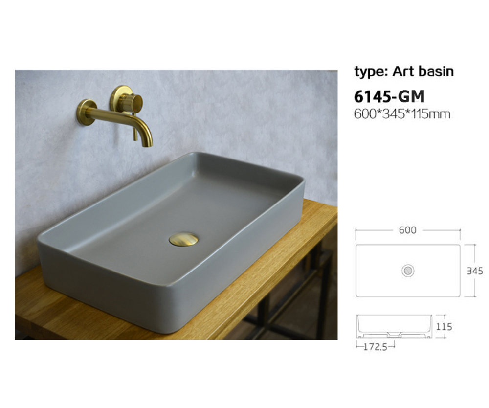 Накладная раковина Bronze de Luxe SCANDI, цвет матовый серый, 600х345х115