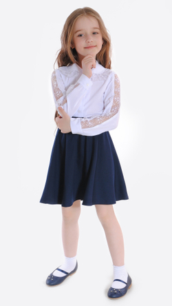 Блузка школьная белая хлопок для полных девочек 7-16 лет Fleur de Vie