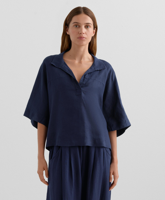 Oysho Рубашка свободного кроя с коротким рукавом из 100% льна, военно-морской