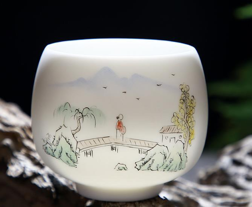 242099.9 Пиала МАТОВЫЙ НЕФРИТ "Мостик" ручная роспись, фарфор белый