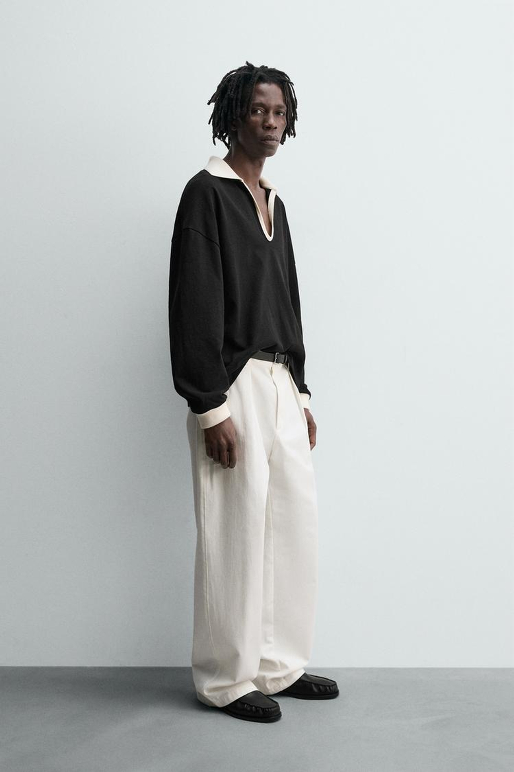 ZARA ПОЛО ИЗ ХЛОПКА И КОНОПЛИ, ЧЕРНЫЙ