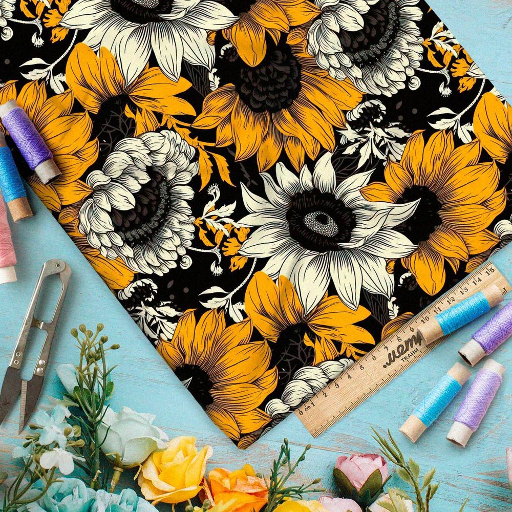 Ткань премиум шифон ночное поле подсолнухов