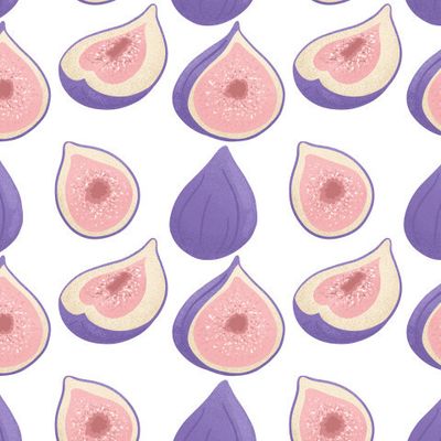 Спелые фиги. Целые и разрезанные пополам фиги на белом фоне. Фруктовый паттерн.