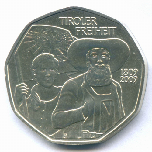 5 евро 2009 год. Австрия. 200 лет Тирольскому восстанию. Серебро UNC
