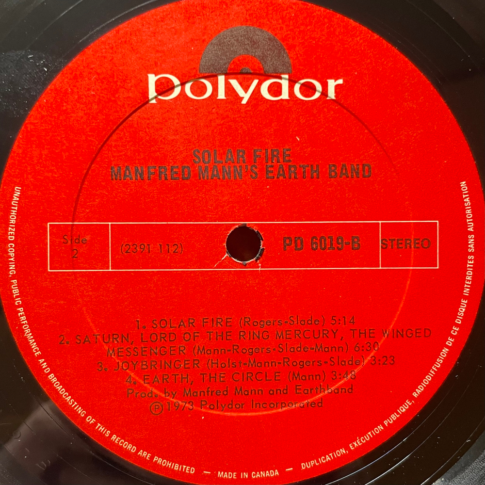 Manfred Mann's Earth Band ‎– Solar Fire (Канада 1974г.)