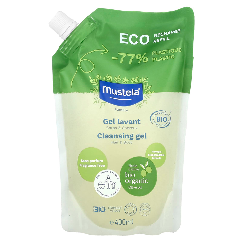 Mustela, Eco Recharge Refill, семейный, очищающий гель, для волос и тела, без отдушек, 400 мл